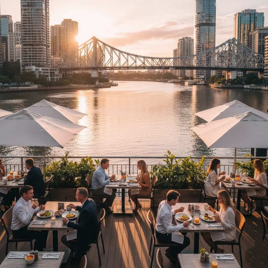 Breakfast area overlooking Brisbane River at Eagle Street Pier