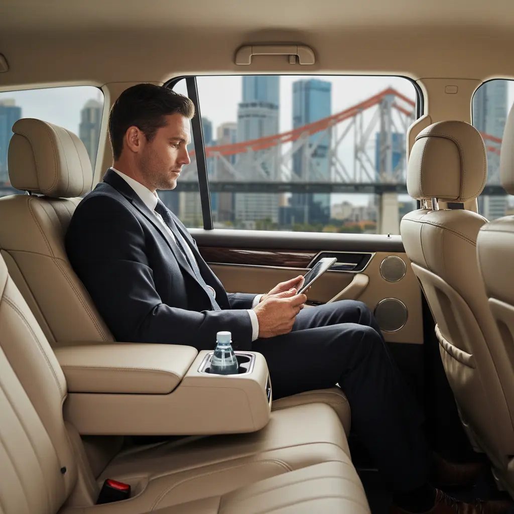Executive passenger relaxing in luxury chauffeur vehicle interior in Brisbane
