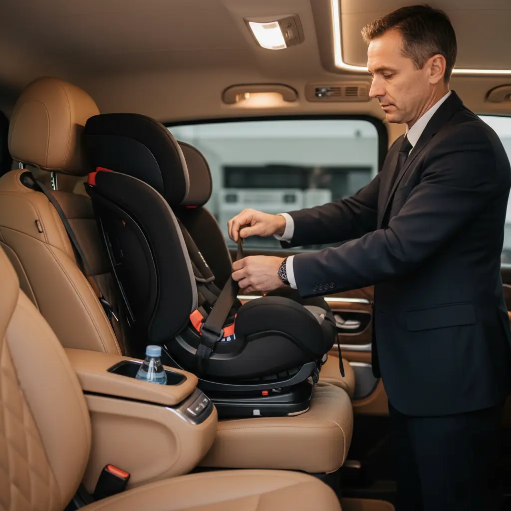 Private chauffeur picking up family in Melbourne with child seat installed