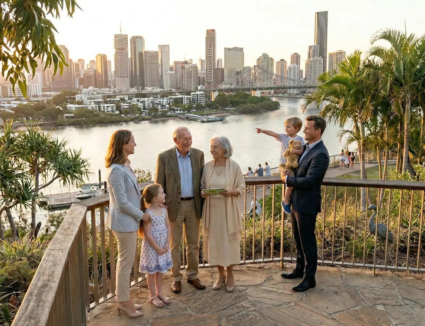 Family enjoying Brisbane skyline from Kangaroo Point Cliffs