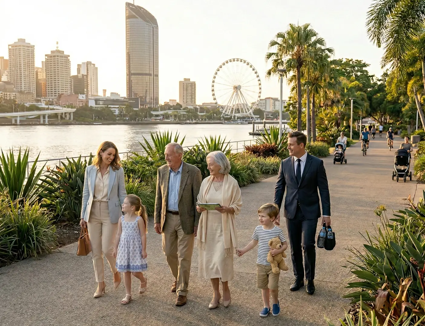 Family enjoying a morning stroll at South Bank Parklands, Brisbane