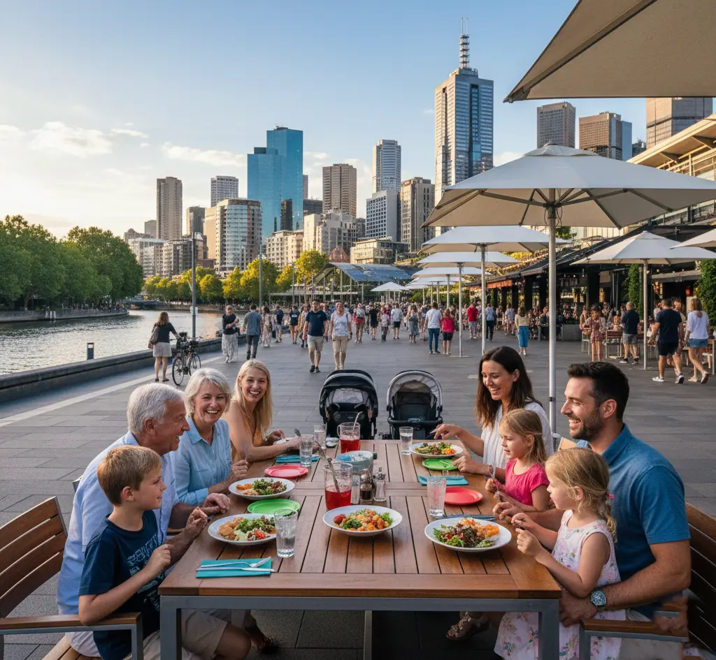 Family enjoying lunch at Southbank Promenade Melbourne