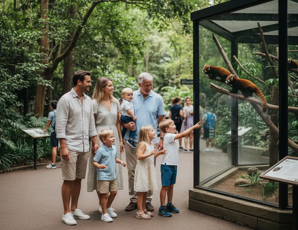 Family exploring Melbourne Zoo together on sunny day