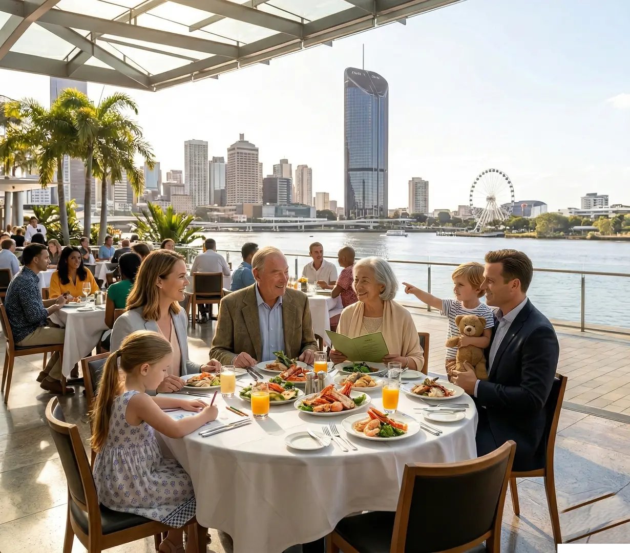 Family having lunch at Eagle Street Pier, Brisbane