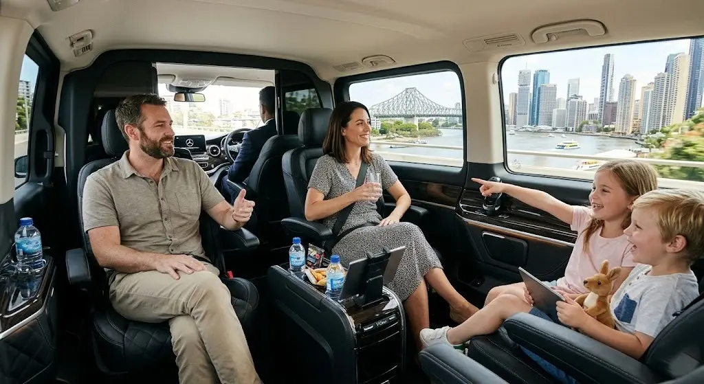 Family relaxing inside premium chauffeur car during Brisbane sightseeing