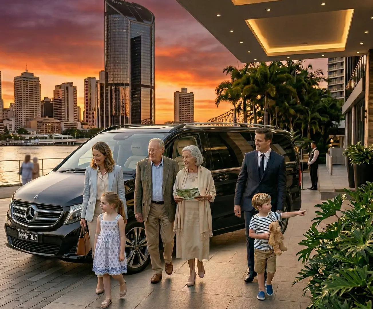Family returning to hotel in Brisbane at sunset