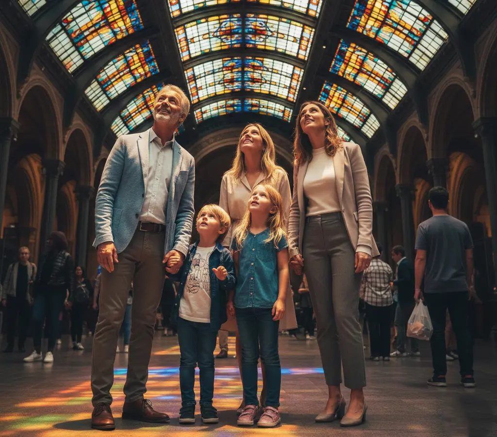 Family visiting National Gallery of Victoria Melbourne water wall entrance