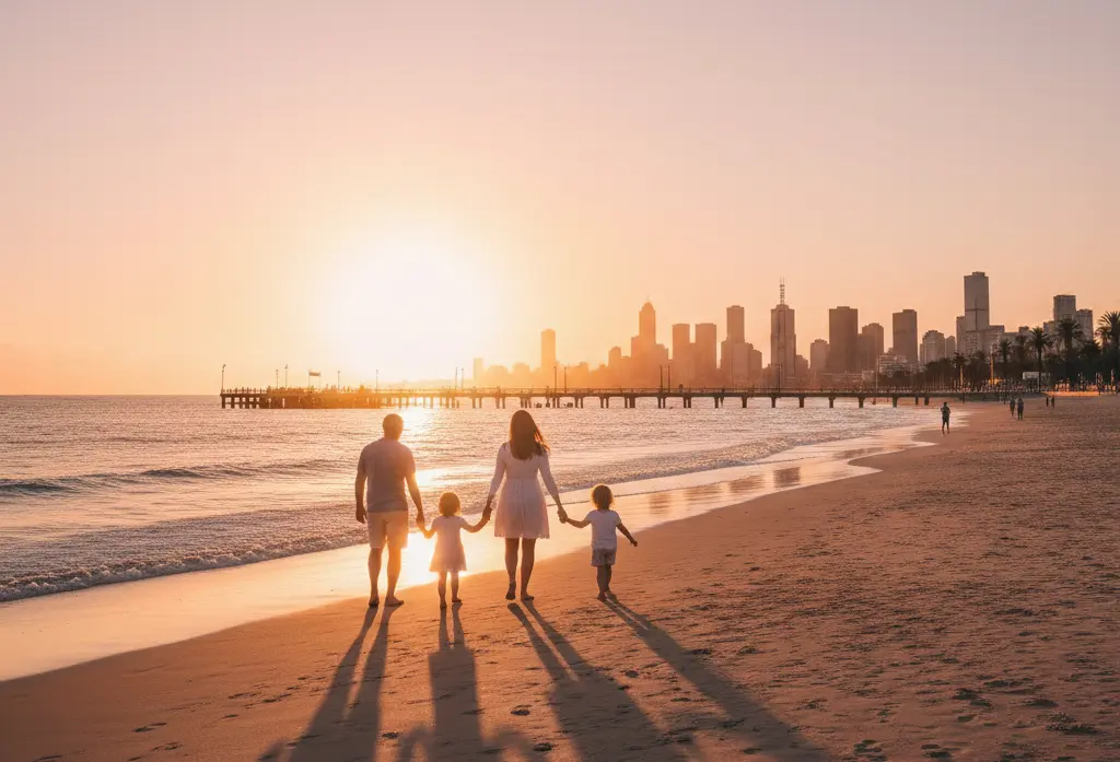 Family walking along St Kilda Beach at sunset