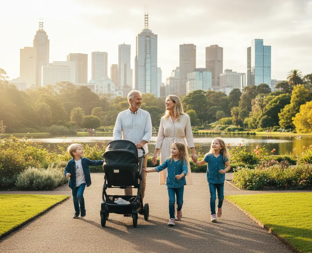 Family walking in Royal Botanic Gardens Melbourne 