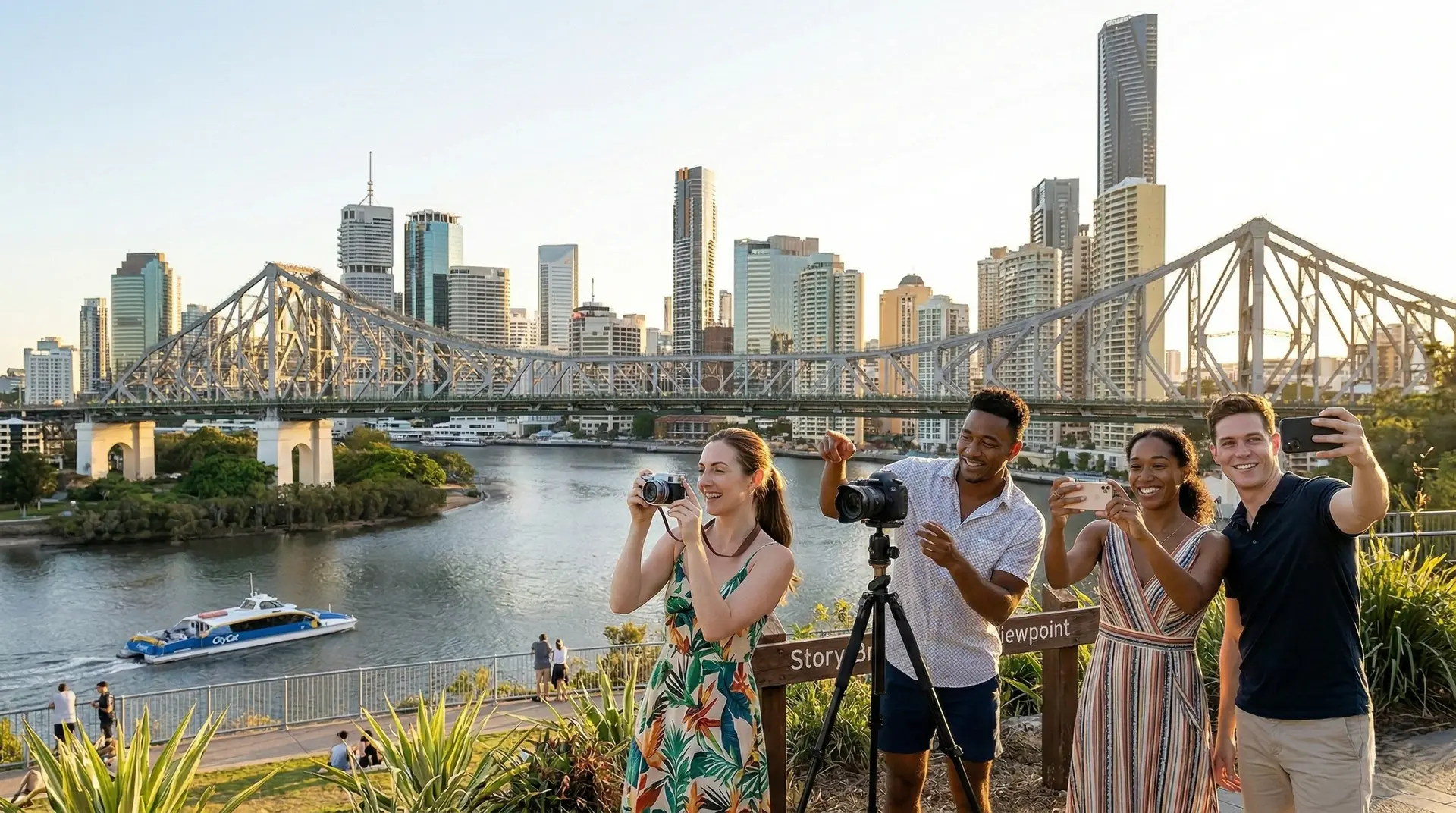 Friends taking photos near Story Bridge Brisbane skyline viewpoint