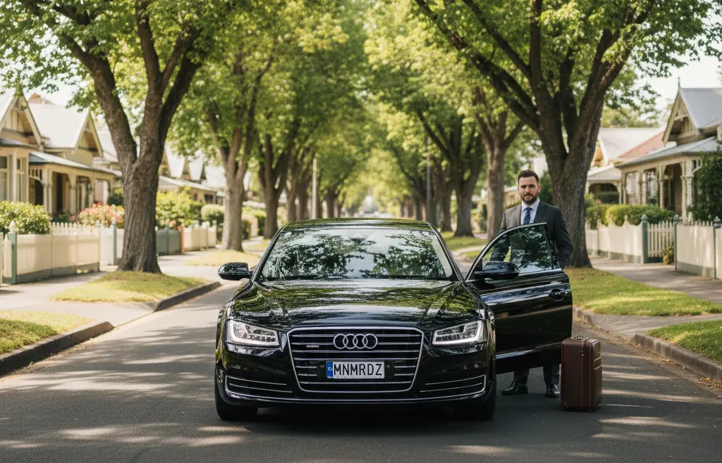 MNMRiDEZ chauffeur car picking up passengers in Newtown Geelong for Melbourne Airport transfer