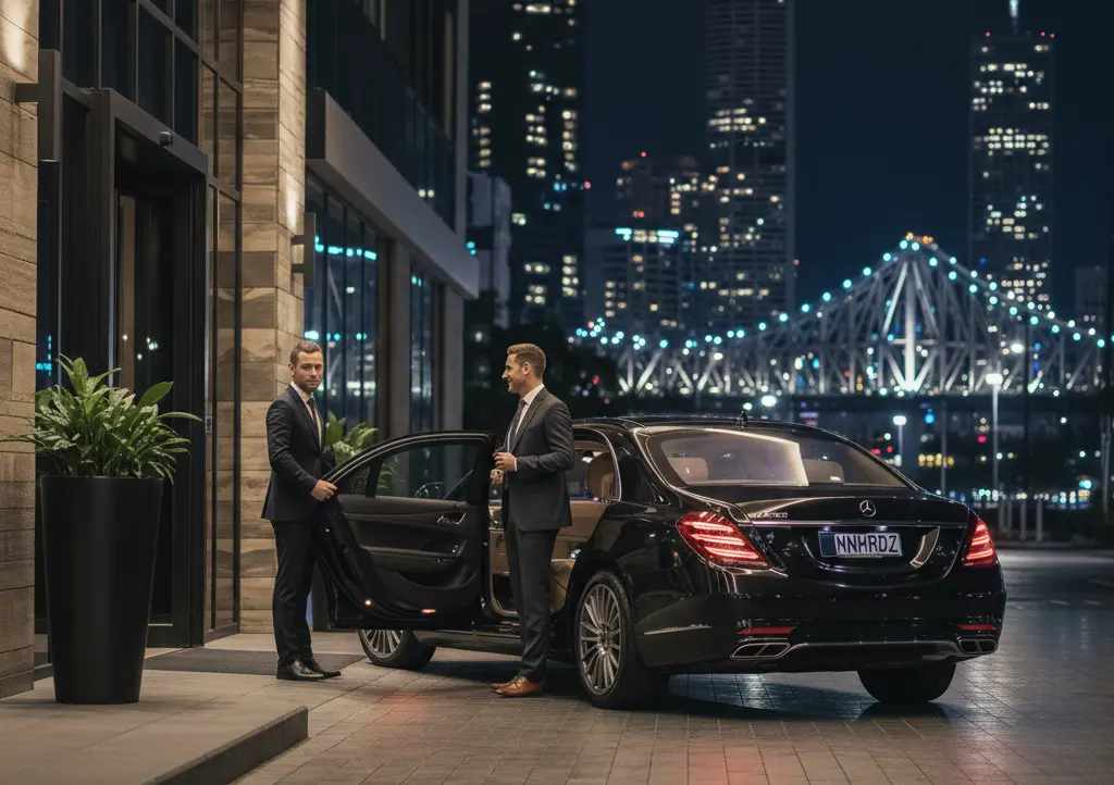 Luxury chauffeur vehicle returning to Brisbane hotel at night