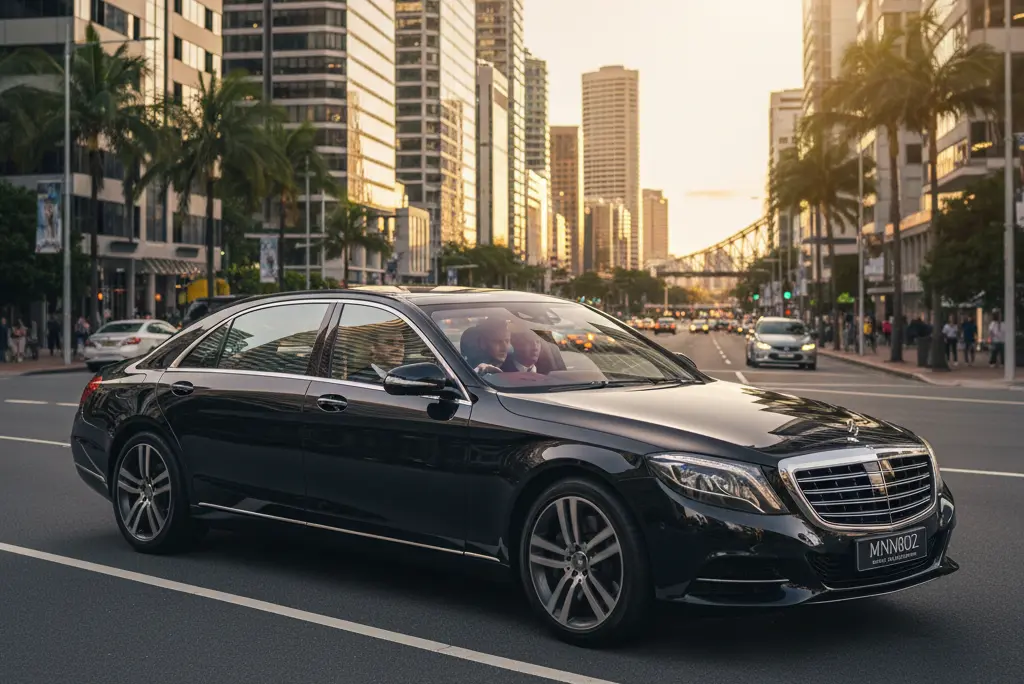 Private chauffeur vehicle driving through Brisbane CBD for business travellers