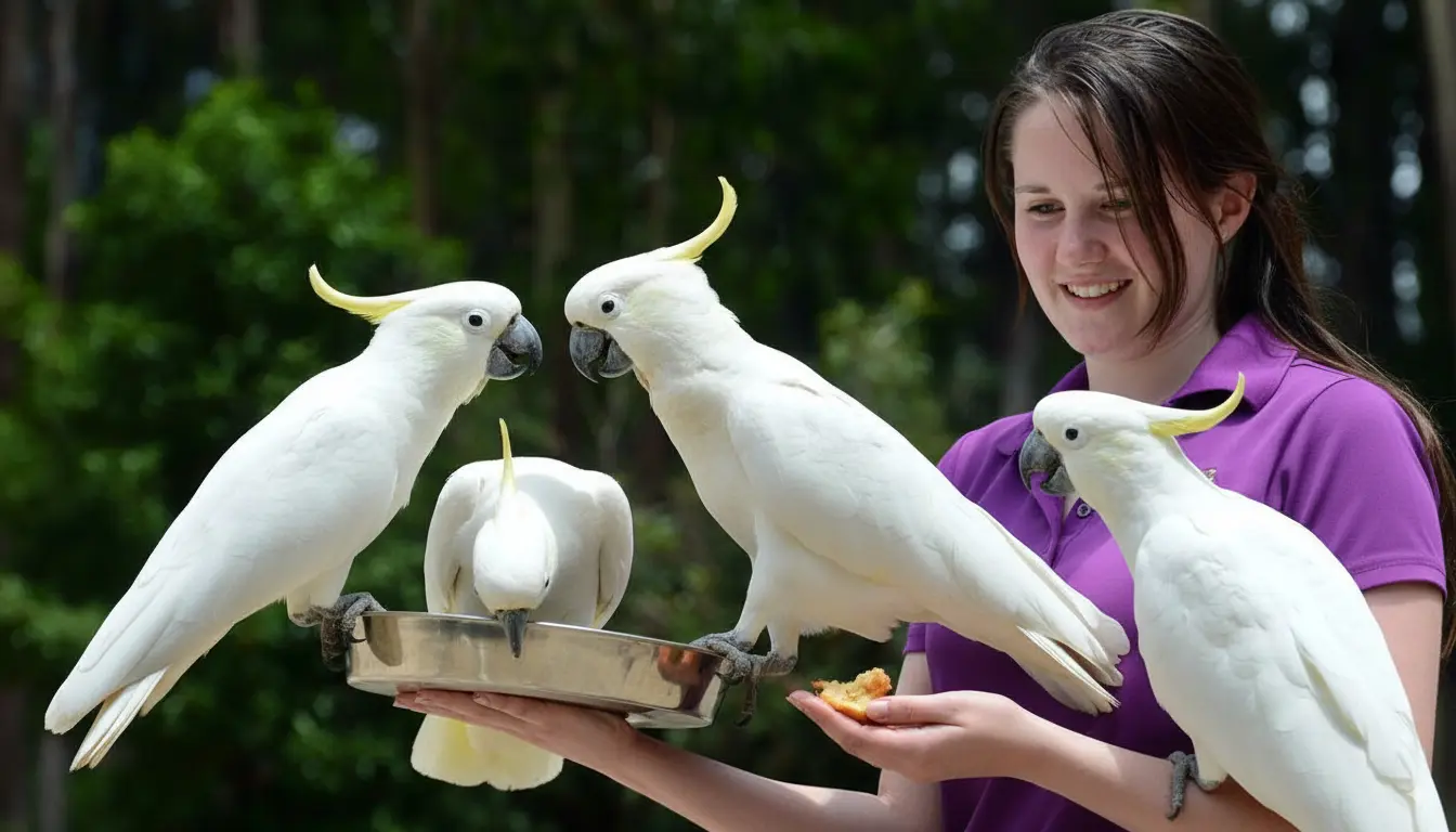 Tourists feeding cockatoos at Grants Picnic Ground, Dandenong Ranges